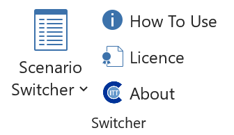 Screenshot of the ScenarioSwitcher Add-In controls in the Review tab of the ribbon in Excel